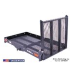 A black hitch-mounted cargo carrier with a folding ramp. The carrier has a mesh surface and raised sides for securing items. It is designed for attaching to the back of vehicles to transport wheelchairs, scooters, or other heavy equipment.