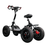 An electric scooter with four large, rugged tires designed for off-road use is displayed. It features a sturdy frame, a cushioned seat, a handlebar with control dials, and footrests on either side of the base. The scooter appears to be black with red brake calipers.