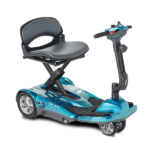 Compact electric mobility scooter with seat and handlebars.