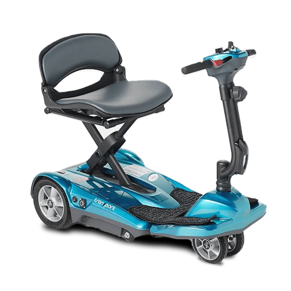 Compact electric mobility scooter with seat and handlebars.