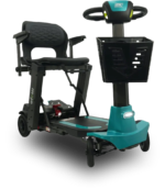 A compact, black and teal mobility scooter with a comfortable seat, armrests, and a front basket. The scooter has a padded backrest and a control handlebar. Its design is ideal for providing mobility assistance conveniently and safely.