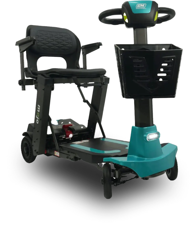 A compact, black and teal mobility scooter with a comfortable seat, armrests, and a front basket. The scooter has a padded backrest and a control handlebar. Its design is ideal for providing mobility assistance conveniently and safely.
