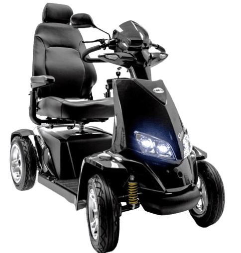 A sleek black mobility scooter with a comfortable padded seat, backrest, and armrests. It features four wheels, a set of handlebars for steering, and bright front headlights. The design is modern and sturdy, suitable for outdoor use.