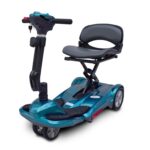 Blue foldable mobility scooter with comfortable seat and handlebars.