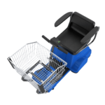 An electric shopping cart with a blue base, black seat, and black armrests. In front of the seat is a metal wire basket for carrying items, attached to the cart frame. The cart features easy-to-use controls on the armrests.