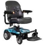 Front side view of the Merits EZ-GO / EZ-GO Deluxe wheelchair in striking turquoise color, highlighting its vibrant hue, compact design, and user-friendly features