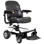 Front side view of the Merits EZ-GO / EZ-GO Deluxe wheelchair in elegant white color, highlighting its clean and sophisticated appearance, compact design, and user-friendly features