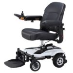 Front side view of the Merits EZ-GO / EZ-GO Deluxe wheelchair, showcasing its sleek and compact design, along with user-friendly features for enhanced mobility and comfort.