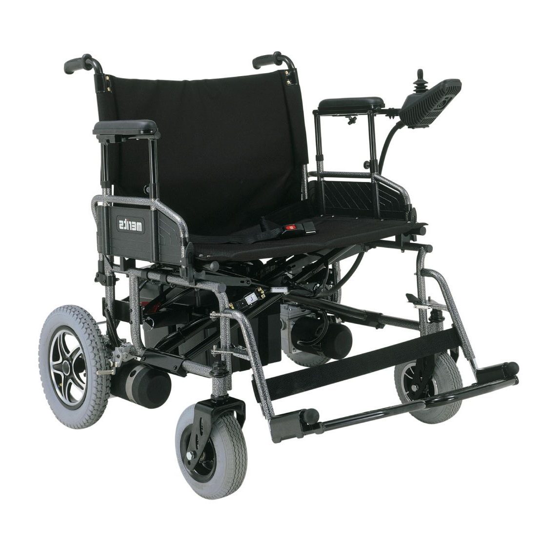 Front side view of the Merits Travel Ease P183 wheelchair, highlighting its sleek appearance, compact design, and advanced mobility features