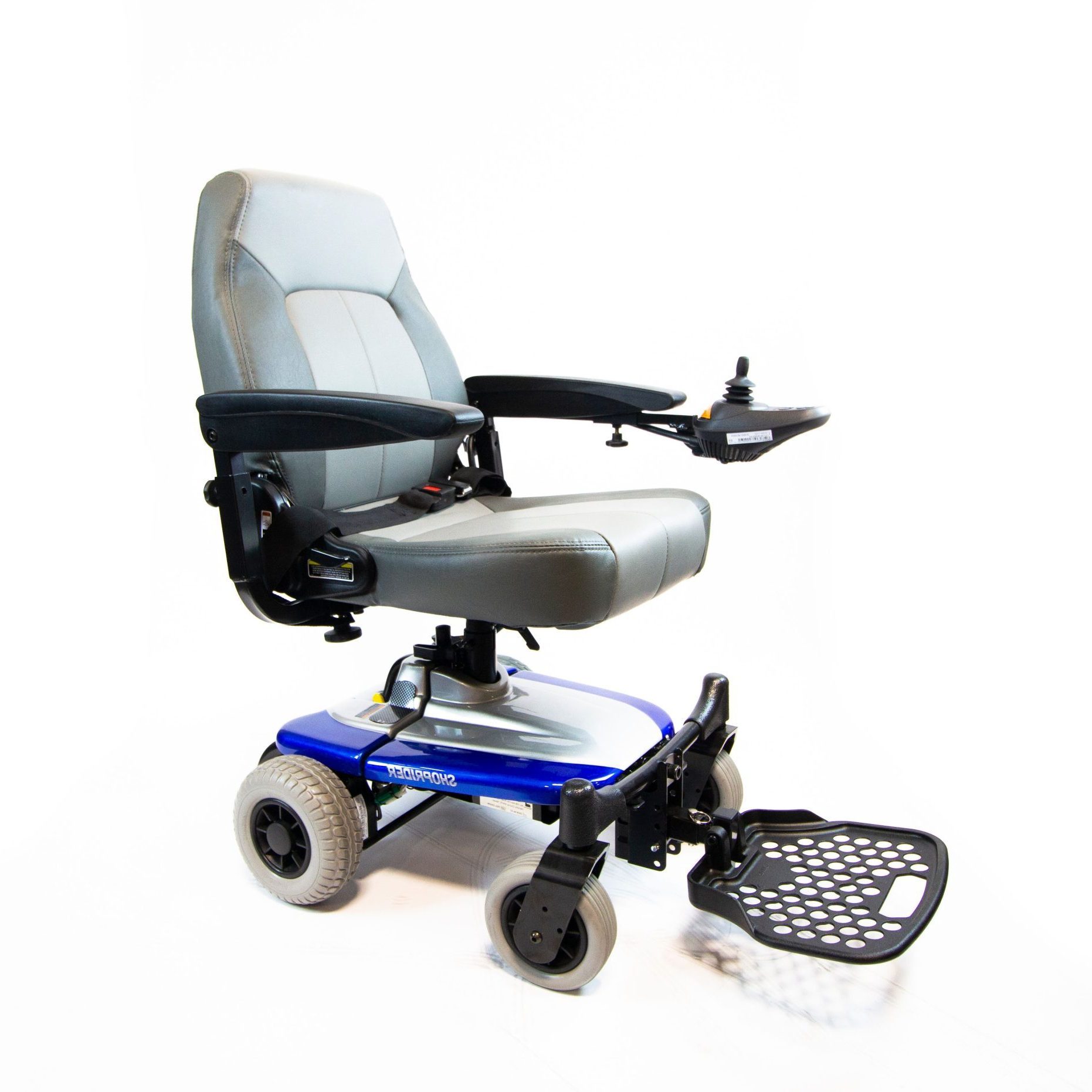 Blue Shoprider Smartie wheelchair in front side view