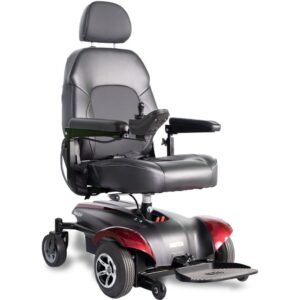 Front side view of the Merits Vision CF wheelchair, showing its sleek design, supportive seating, and durable wheels, built for ease of use and comfortable mobility