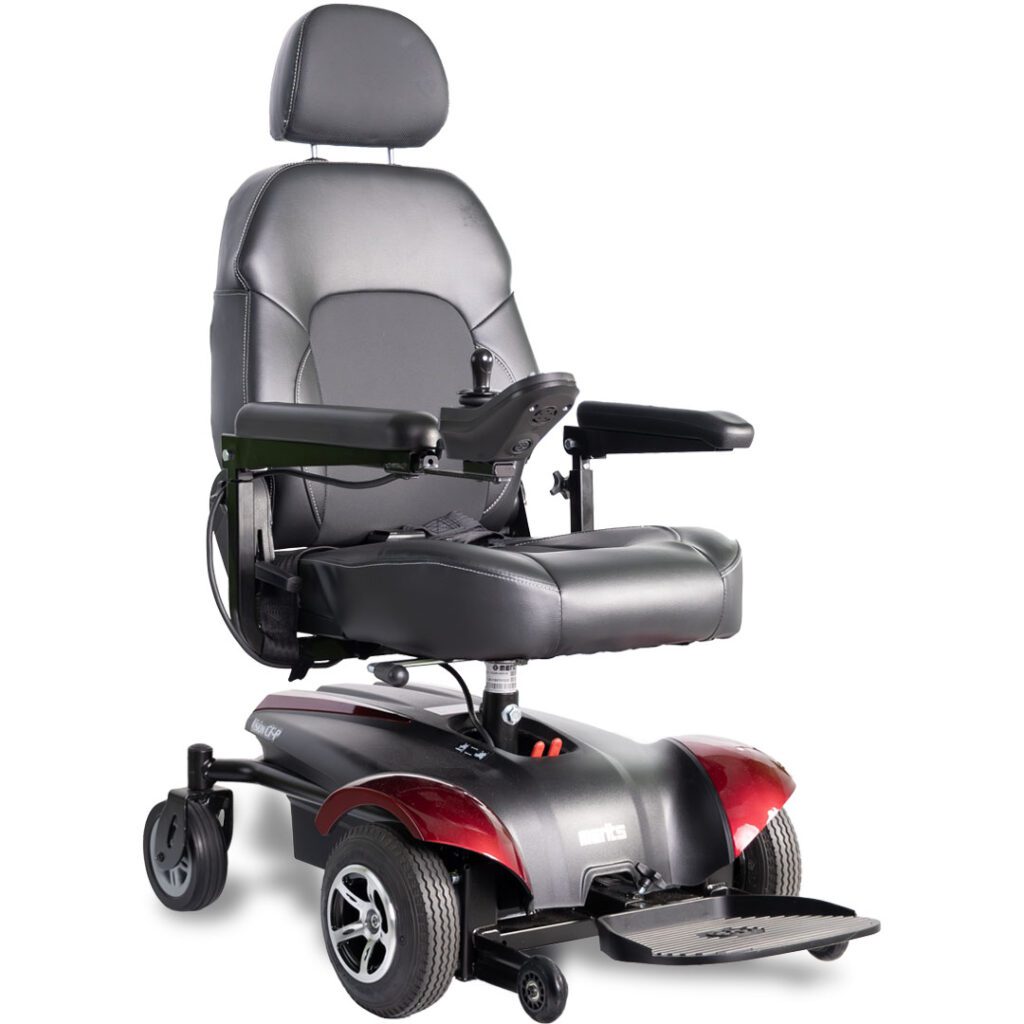 Front side view of the Merits Vision CF wheelchair, showing its sleek design, supportive seating, and durable wheels, built for ease of use and comfortable mobility