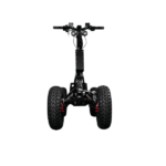 A head-on view of a black all-terrain electric scooter with four rugged tires and red suspension components. The scooter has handlebars with dual headlights mounted in the front and a sturdy frame designed for rough terrains.