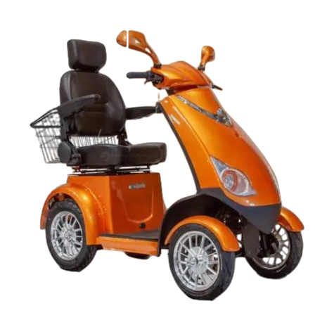 An orange, four-wheeled mobility scooter with a high-back seat, armrests, a front basket, and rearview mirrors. The scooter features large tires and is designed for enhanced comfort and stability.