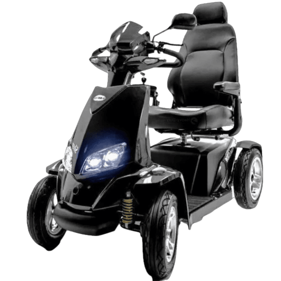 A sleek, black mobility scooter with a high-back seat, handlebar controls, and bright headlights. The scooter has four sturdy wheels and is designed for comfortable and accessible transportation.