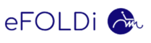 The image is a logo for eFOLDi. The logo features the name "eFOLDi" in lowercase letters, with the "e" and "i" in a lighter shade, possibly to emphasize the word "FOLD" within the name. There is a graphic element to the right that appears to be a circular shape with a stylized image of a person seated in a mobility scooter, which is depicted using simple lines and curves. The design conveys the brand's focus on foldable, portable mobility solutions. The overall color scheme of the logo is a dark navy blue.