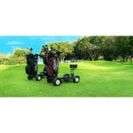 Two Scooters standing side by side on a lush green golf course, offering convenient mobility for players amidst the picturesque surroundings.