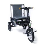 showcasing a foldable ultra lightweight mobility scooter designed for easy transportation and accessibility. The image emphasizes the compact, sleek design of the scooter when folded, highlighting its portability and convenience for users with mobility challenges.