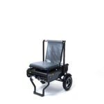 The image showcases the ergonomic design of the seat, emphasizing comfort and support for the user. The perspective provides a detailed look at the seat's materials, craftsmanship, and how it integrates with the scooter's overall design for enhanced user experience.