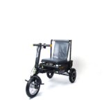 Showcasing the scooter's design from a dynamic angle that combines the front and side perspectives. This view highlights the scooter's elegant and functional design, emphasizing its sturdy structure and easy maneuverability. The image illustrates key features such as the front wheel, handlebars, and seating area, providing a comprehensive look at the scooter's user-friendly design and highlighting its appeal for individuals seeking a reliable mobility solution.