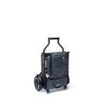 Front side view of the eFOLDi Explorer Foldable Ultra Lightweight Mobility Scooter in its folded position. The image emphasizes the scooter's compact and efficient design when collapsed, showcasing how it can be easily handled and transported. It highlights the scooter's minimalistic and sleek appearance in the folded state, illustrating its practicality for users who need a mobility solution that is both convenient and easy to store in tight spaces, such as car trunks or closets.