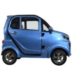 Side view of the Green Transporter Q Express in blue, highlighting its sleek doors, windows, and sporty wheels.