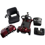 Disassembled Merits Roadster 4 showing its five main parts: seat, rear wheels with motor, main deck with tiller, front basket, and battery pack, all in burgundy and black.