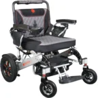 Bangeran Mamooth wheelchair in silver showing footrest and joystick placement.