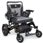 Front view of Bangeran Mamooth electric wheelchair showing seat cushion joystick and footrest.