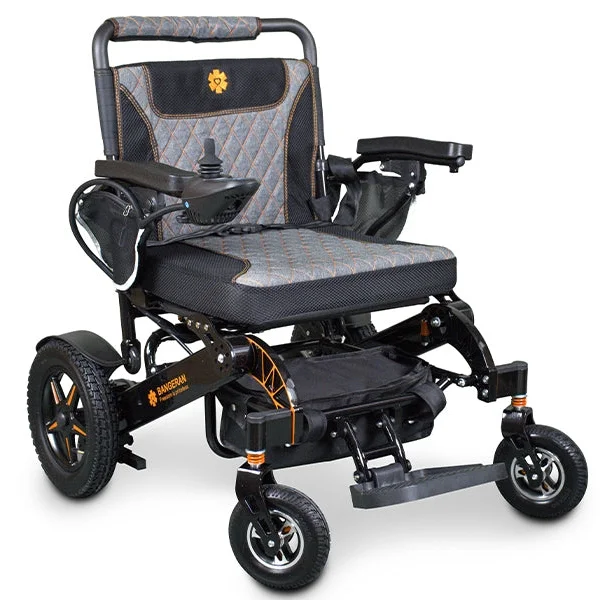 Front view of Bangeran Mamooth electric wheelchair showing seat cushion joystick and footrest.