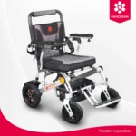 Bangeran Pegasus lightweight folding electric wheelchair in silver right angled view.