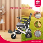 Side view of Bangeran Pegasus foldable electric wheelchair showing that it works indoors and outdoors on speed bumps grass and rough surfaces.