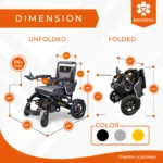 Bangeran Mamooth electric wheelchair showing measurements for unfolded and folded position with color options.