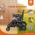 Side view of Bangeran Mamooth wheelchair showing that it can work both indoors and outdoors on grass speed bumps and rough paths.