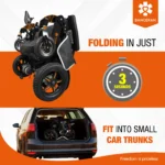 Folding view of Bangeran Mamooth wheelchair showing it can fold in three seconds and fit in small car trunks.