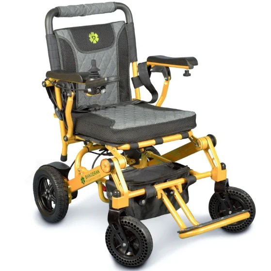 Bangeran Pegasus lightweight foldable power chair in yellow color front right angle view.