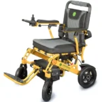 Bangeran Pegasus compact electric wheelchair left front view with footrest down.
