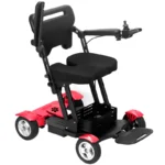 Red Bangeran Titan Mobility scooter featuring a comfortable seat, armrests, footrests, joystick controller, and a storage basket at the rear.