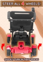 Bangeran Titan Mobility scooter showing how the 4 wheels can be steered for tight turns, improving maneuverability in confined spaces.