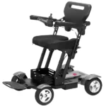 Side view of the Bangeran Titan Mobility scooter featuring a comfortable seat, armrests, footrests, and a storage basket at the rear.