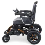 Side view of Black Bangeran Mamooth electric wheelchair showing full profile with joystick and rear wheels.
