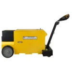 Side view of EK Tech Pony Express Electric Powered AC Tugger 25K Plus highlighting long yellow body and black control tiller