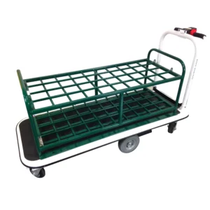 Pony Express Motorized Medical Gas Cylinder Cart with empty green steel frame, white base, and rear handle controls visible.