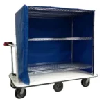 EK Tech Pony Express motorized linen cart with blue vinyl cover and two interior wire shelves