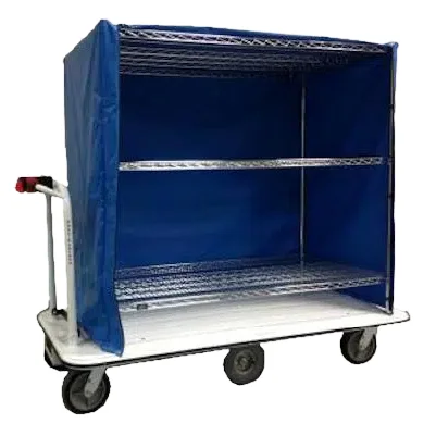 EK Tech Pony Express motorized linen cart with blue vinyl cover and two interior wire shelves