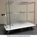 EK Tech Pony Express motorized stock picking cart with three tier chrome wire shelving and flat white motorized base