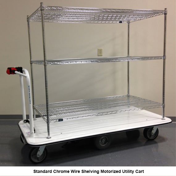 EK Tech Pony Express motorized stock picking cart with three tier chrome wire shelving and flat white motorized base