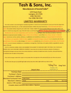 ScootaTrailer Sample Warranty Sheet