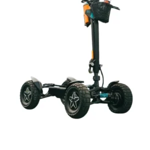 MIA Four X2 electric scooter with large all terrain tires and a front basket