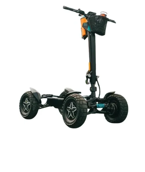 MIA Four X2 electric scooter with large all terrain tires and a front basket